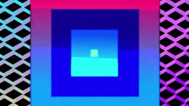 Pembe bir gün batımı nda merkezden büyüyen ve azalan renkli eşmerkezli karelerin animasyonu, sarıdan maviye ve mor renk değiştiren yansıtıcı elmas şeklindebir ızgaranın arka planıyla.