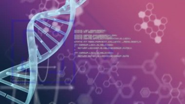 3d beyaz DNA iplikçiğinin, yumuşak koyu pembe ve mor arka plan üzerinde, ön planda ve arkada hareket eden beyaz metin ve diyagramlarla tornalama animasyonu