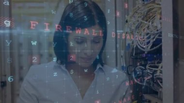 Beyaz bir kadının animasyonu, bilgisayar sunucu odasındaki bağlantıları tablet bilgisayar kullanarak kontrol ederken, veri güvenliğiyle ilgili dijital metin ön planda hareket ediyor ve parlıyor.