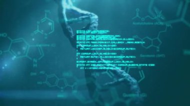 3d Dna iplikçik ve parlak mavi metin ve diyagramlar ön planda hareket dönüm animasyon, ışık milleri ile koyu mavi arka plan üzerinde
