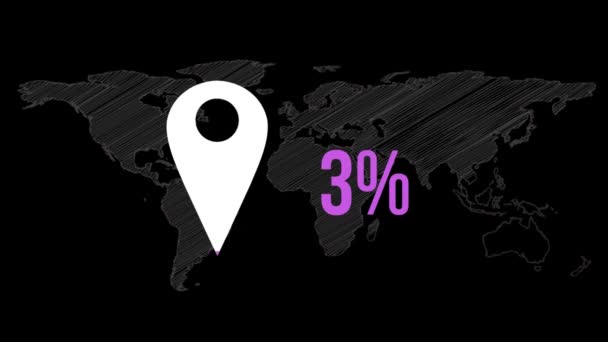 マップピンアイコンのアニメーションと 黒い背景上の世界地図上のピンクで0から100に充填する割合を増加させる — ストック動画