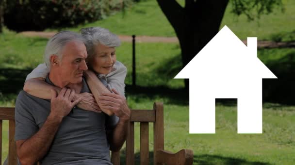 Animation Senior Caucasian Couple Sitting Bench Embracing Garden Empty Icon — Stock Video