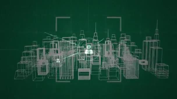 浅绿色中浮动人物图标的动画与城市中建筑物的旋转 绘图上的线条相互连接 — 图库视频影像