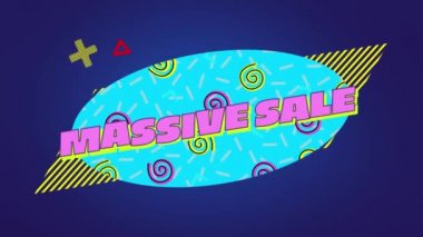 Hareketli spiraller ve grafik öğeleri ile mavi oval pembe harflerle kelime Massive Sale animasyon, koyu mor bir arka plan üzerinde