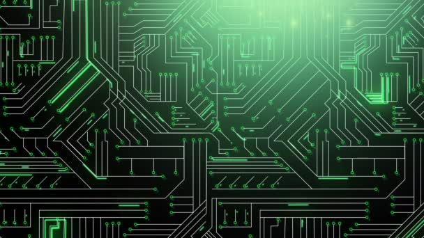 コンピュータ回路基板を通って移動する緑色光の軌跡のアニメーション — ストック動画