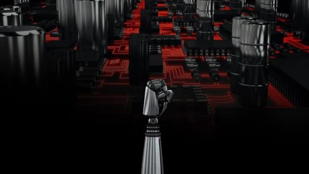 灰色と赤の動くコンピュータ回路基板の上にロボットアームの回転と屈曲し 握り拳のアニメーション — ストック動画