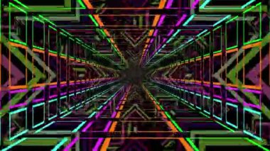 Siyah bir ufuk noktasına doğru ilerleyen neon karelerden oluşan hareketli bir tünelin arkasında yeşil, beyaz ve pembe yıldız şekillerinin kaleydoskopunun animasyonu