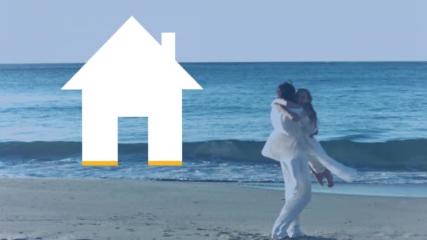 Animation Caucasian Couple Embracing Beach Sea While Empty Icon House — ストック動画