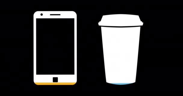 Animazione Smartphone Tazza Caffè Riempiendo Con Giallo Blu Sfondo Nero — Video Stock