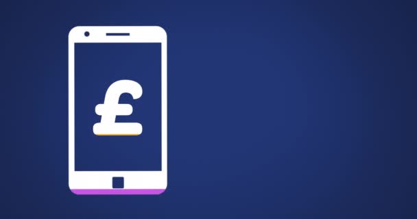 在智能手机屏幕上的英镑符号动画充满了粉红色和黄色在深蓝色背景4K — 图库视频影像