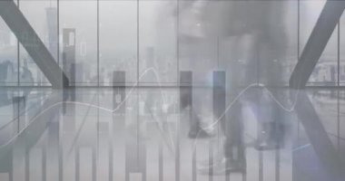 Arka planda finansal veri ve grafikler ile hızlı yürüyen insanların animasyon 4k