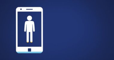 Koyu mavi arka plan 4k üzerinde sarı ve mavi ile doldurma sıçrayan akıllı telefon ekranında erkek şekli animasyonu