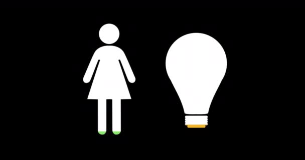黒の背景4Kに緑と黄色で満たされた女性と電球の形状のアニメーション — ストック動画