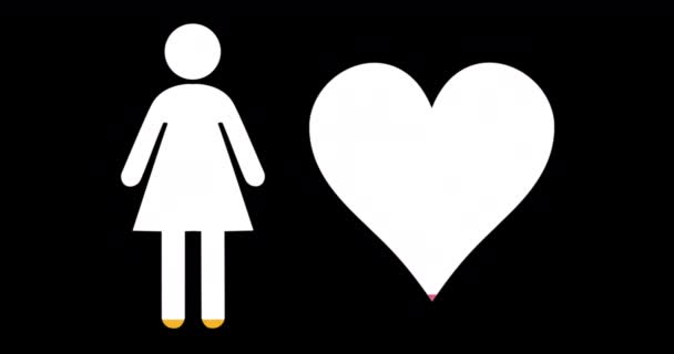 女性和心脏形状的动画充满了粉红色和黄色的黑色背景4K — 图库视频影像