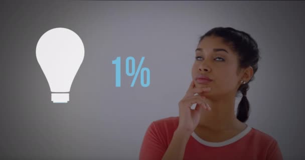 Animation Young Mixed Race Thoughtful Woman Light Bulb Shape Increasing — Stock Video