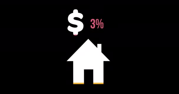 家の形のアニメーション 米ドル記号とパーセントは 黒の背景4Kに黄色とピンクの色で黄色とピンクの色で0から100に増加します — ストック動画