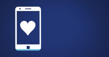 Koyu mavi arka plan 4k pembe ve mavi ile dolu zıplayan akıllı telefon ekranında kalp animasyonu