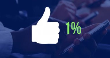 İnsanlar arka planda akıllı telefonlar 4k kullanırken başparmak yukarı animasyon ve sıfırdan yetmiş bir yeşil doldurma yüzde artan
