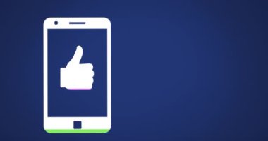 Koyu mavi arka plan 4k yeşil ve mor ile dolduran sıçrayan akıllı telefon ekranında başparmak yukarı şekil animasyonu