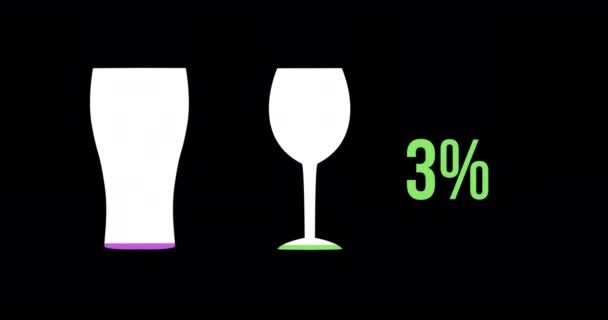 パイントとワイングラスの形状とパーセントのアニメーションは 黒の背景4Kに紫と緑の充填0から100に増加します — ストック動画