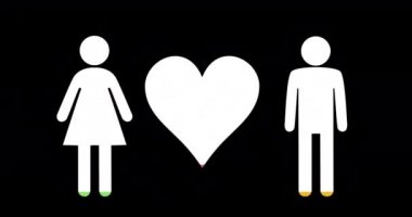 Siyah arka plan 4k pembe, yeşil ve sarı ile dolduran erkek, kadın ve kalp şekilleri animasyon