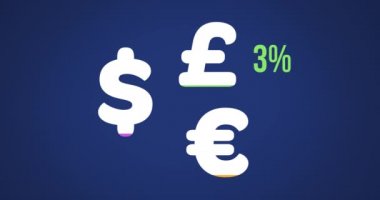 Animasyon Amerikan doları, euro ve sterlin para birimi sembolleri ve yüzde sıfırdan yüz yüz dolum gri mavi arka plan 4k yeşil, mor ve sarı renklerin artırılması