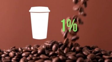 Kahve fincanı animasyonu ve yüzde sıfırdan altmış dokuz arka planda düşen kahve çekirdekleri ile yeşil doldurma artan
