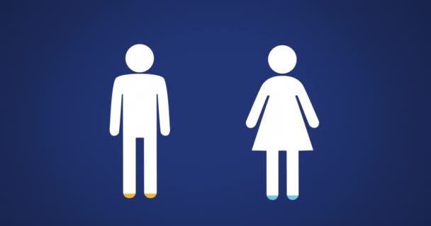 青の背景4Kに青と黄色で満たされた男性と女性の形状のアニメーション — ストック動画