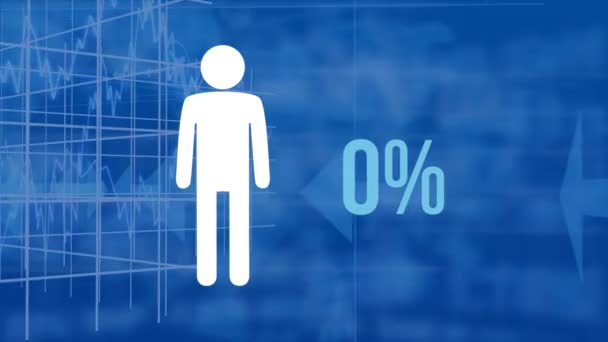 男性形状的动画和百分比从零增加到 填充蓝色与箭头和网格移动蓝色背景 — 图库视频影像