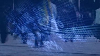 Dijital sayılarla yürüyen ve mavi arka plan üzerinde yatay olarak hareket eden insanların animasyonu