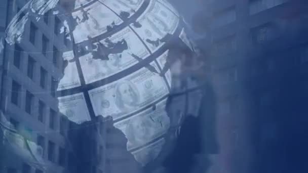 Анімація Людей Йдуть Швидко Глобусом Будівлями Передньому Плані — стокове відео