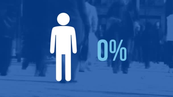 男性形状的动画和百分比从零增加到一百填充蓝色 与步行人在蓝色背景 — 图库视频影像