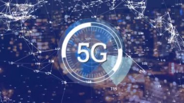 Arka planda ağ bağlantısı ve şehir manzarası ile dönen bir daire içinde görüntülenen 5g animasyonu