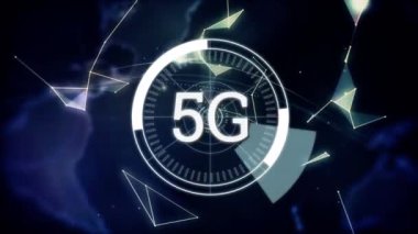 5g animasyon kişi tutan ve küre ve ön planda görünen şekiller ile dönen bir daire içinde görüntülenen