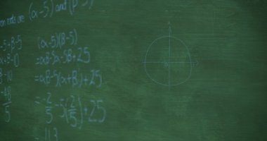 Yeşil tebeşir tahtası arka plan 4k yükselen soluk mavi tebeşir el yazısı yla yazılmış matematiksel grafikler ve denklemler katmanları animasyon