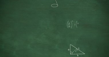 Matematiksel denklemleri ve hesaplamaları yeşil tebeşir üzerinde hareket eden beyaz tebeşirle yazılmış görüntüleme animasyonu 4k
