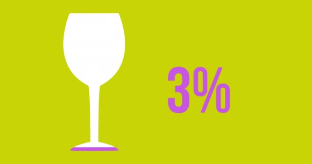 ライムグリーンの背景4Kに紫色で0から100に増加するワイングラスの形状とパーセントのアニメーション — ストック動画