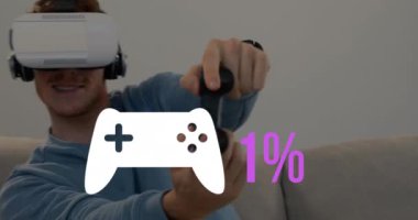 Oyun alanı şeklinin animasyonu sıfırdan yetmiş dokuza yükselirken, arka planda VR kulaklık takan ve oyun sahası oyunu kullanan gülümseyen beyaz bir adam 4K 'da oynuyor.