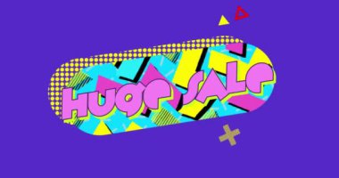 Hareketli grafik öğeleri ile mavi kapsül şeklinde pembe harflerle yazılmış kelimelerin Animasyon Büyük Satış, mor bir arka plan 4k