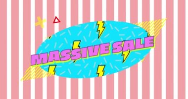 Çizgili pembe ve beyaz arka plan 4k karşı sarı şimşek flaş desen kaydırma ile mavi bir oval pembe harflerle yazılmış kelimelerin Massive Sale animasyon
