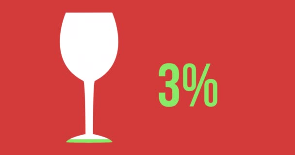 赤い背景4Kの緑で0から100に増加するワイングラスの形状とパーセントのアニメーション — ストック動画