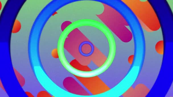 オレンジ ピンクの色合いのカプセル Hの平行な行のアニメーションは 赤い背景に入り 同心円は上昇する月とピンクと紫の背景を明らかに収束します — ストック動画