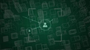 Yeşil bir arka plan üzerinde modern bir şehrin hareketli bir üstten 3d çizim üzerinde yüzerken görünen, hedef manzaraları içinde ve dışında hareket eden ve birbirleriyle bağlantı insanların simgeleri hareketli animasyon