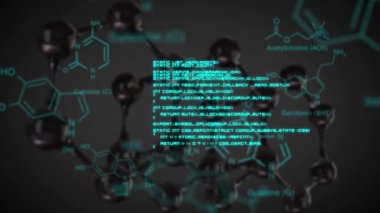 Moleküler yapının 3b modeli ile karanlık bir arka plan üzerinde hareket eden parlayan mavi bilimsel metin ve verilerin animasyonu