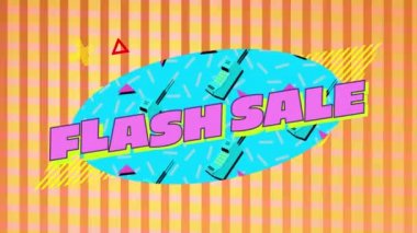 Grafik öğeleri çizgili turuncu arka plan üzerinde hareket ederken, erken cep telefonları ile mavi bir oval üzerinde pembe harflerle Kelime Flash Sale Animasyon