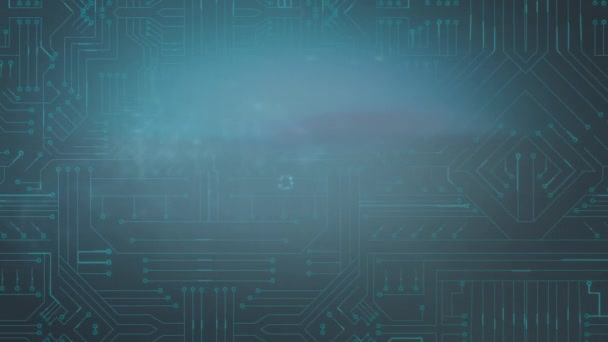 Animation de la forme de la clé remplie de circuits imprimés mobiles et lumineux flottant sur un fond sombre avec des circuits imprimés bleus 