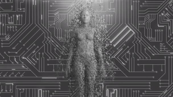 コンピュータ回路基板の背景から浮かび上がった女性のアンドロイドまたは人間の表現のアニメーション 白黒で 活動の光の軌跡を照らします — ストック動画