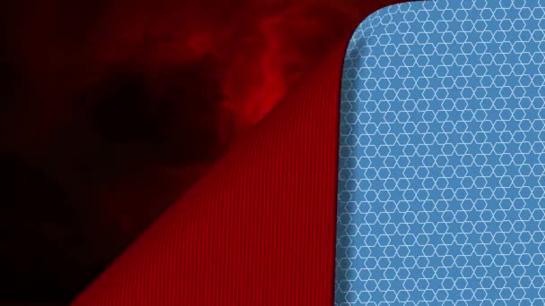 青い模様のスクリーンのアニメーションは 赤い下側と暗い背景に赤いエクトプラズムの形を明らかにするために左上隅から剥がれ返しました — ストック動画