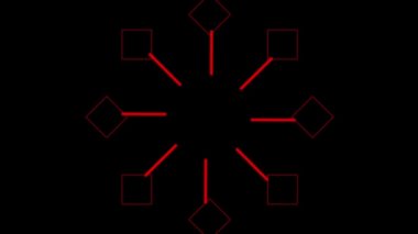 Kaleydoskopik kırmızı desenler in ve siyah arka plan üzerinde dışa doğru hareket eden beyaz halkaların animasyonu