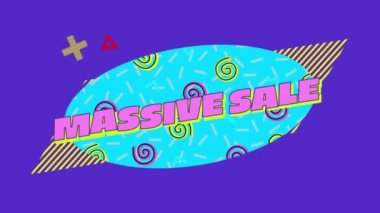 Spiraller ve mor bir arka plan üzerinde hareketli grafik elemanları ile mavi bir oval üzerinde pembe harflerle Kelime Massive Sale Animasyon
